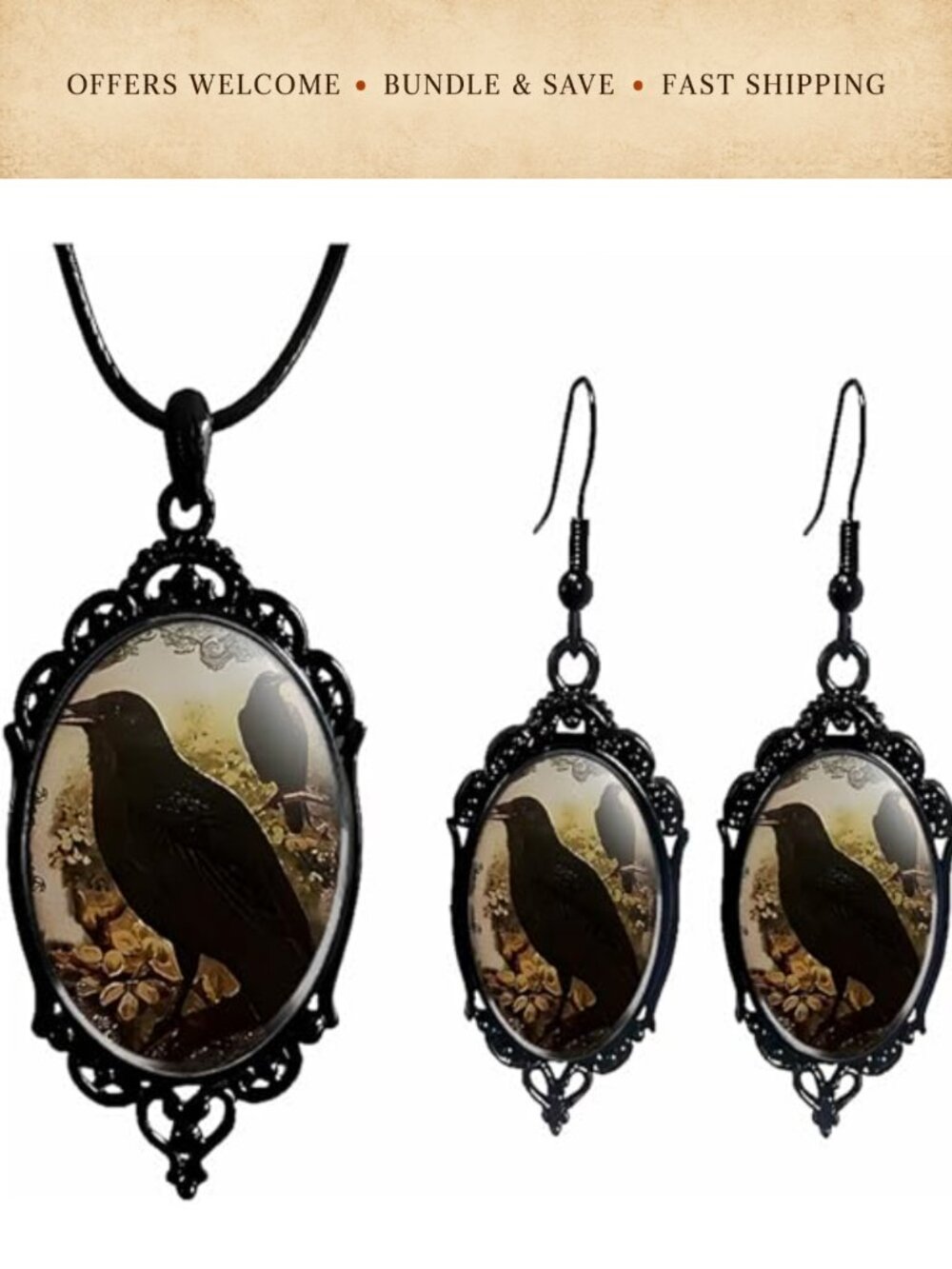 Gothic Halloween Earring Necklace Set Women Vintage Raven Bat Glass Pendant